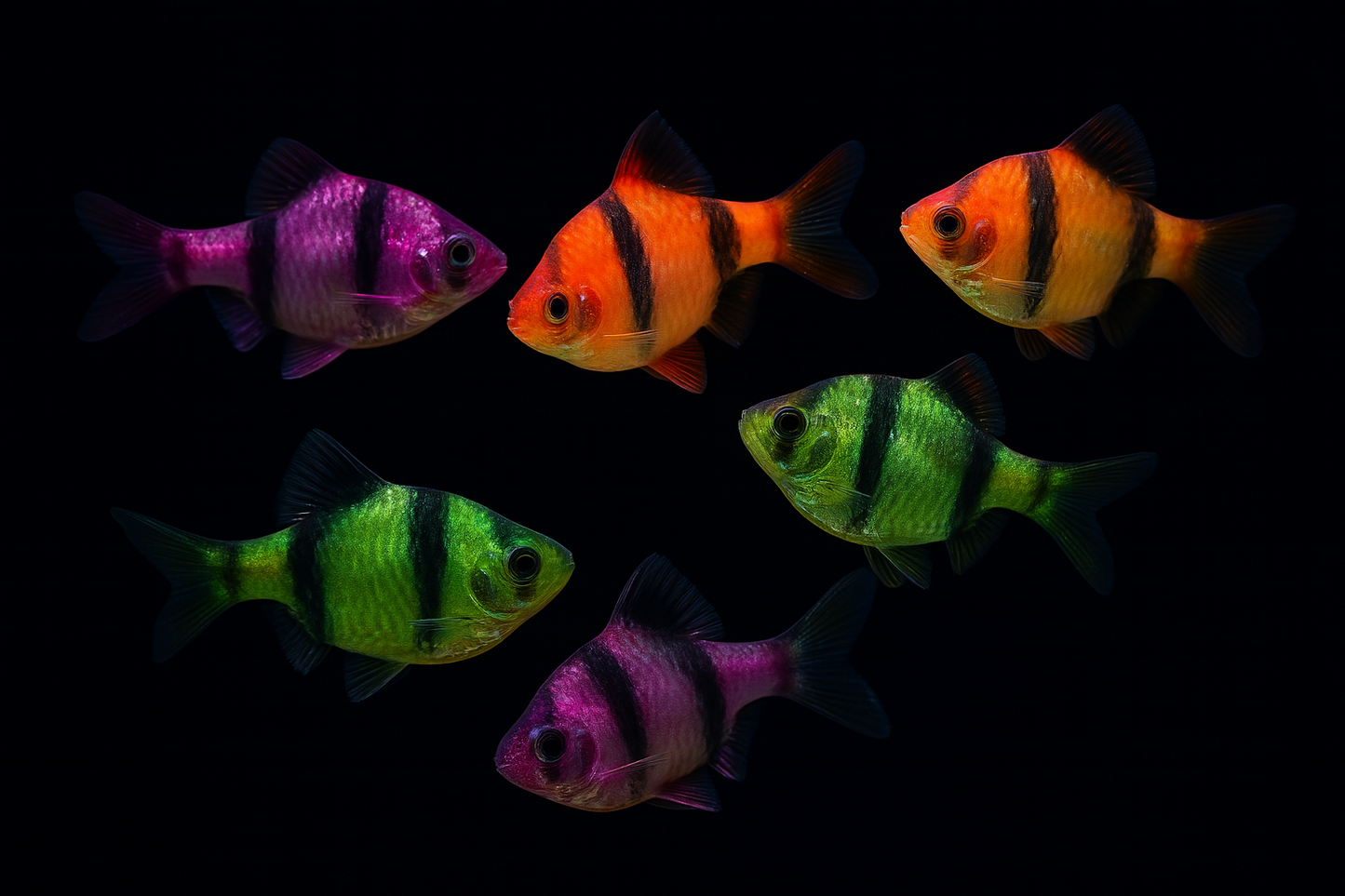 6 Live Glo Tiger Barbs Fish – 2 Green, 2 Orange, 2 Purple Live Fish